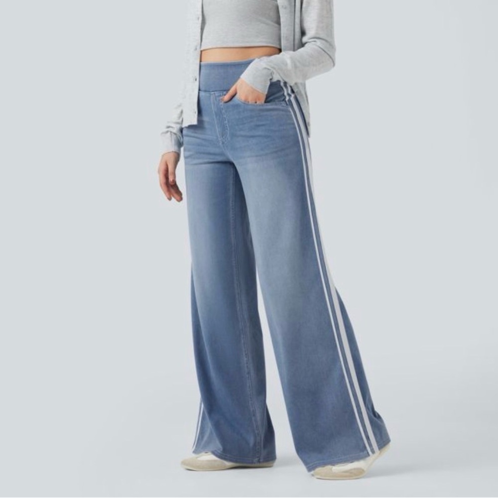 Halara Flex High Waisted Stripe Wide Leg Flowy Washed Casual Jeans with Pockets